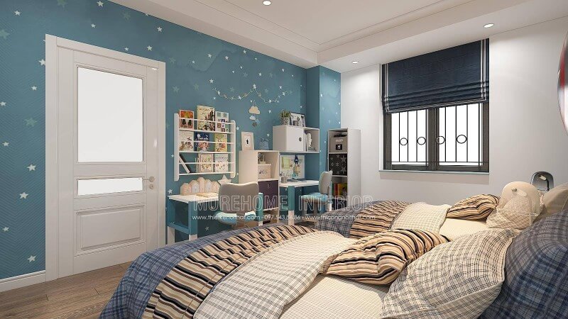 Thiết kế phòng ngủ của con với góc học tập được trang trí bắt mắt sẽ là gợi ý khá thú vị, bạn có thể tham khảo ý tưởng bố trí phòng ngủ của 2 cậu con trai với bàn học được bố trí tách rời và cách bố trí kệ trang trí, giá để đồ như trong đây. Tùy từng diện tích nhà bạn có thể bố trí phù hợp với căn hộ, nhà phố hay nhà biệt thự của mình.