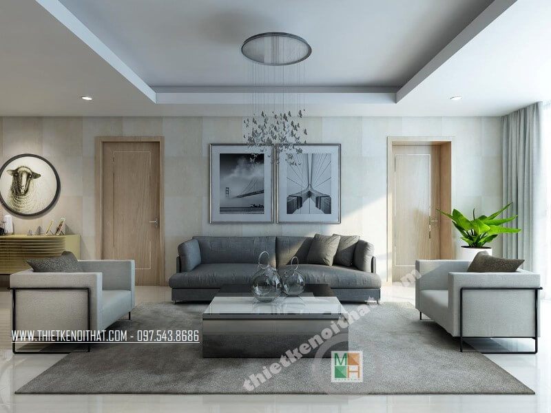 Bàn trà phòng khách hiện đại sử dụng gỗ công nghiệp tráng giương màu trắng mang đến vẻ đẹp sang trọng, tinh tế