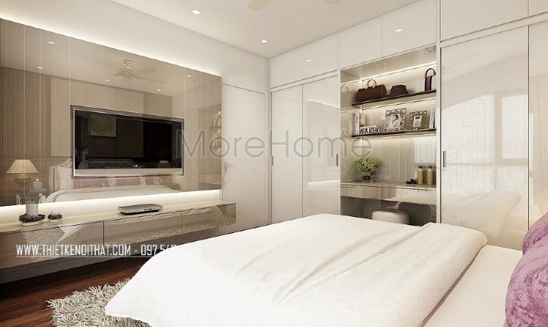 Tạo ra một phòng ngủ đẹp, sang trọng với một kệ tivi hiện đại nổi bật và gạch ốp tường cao cấp.